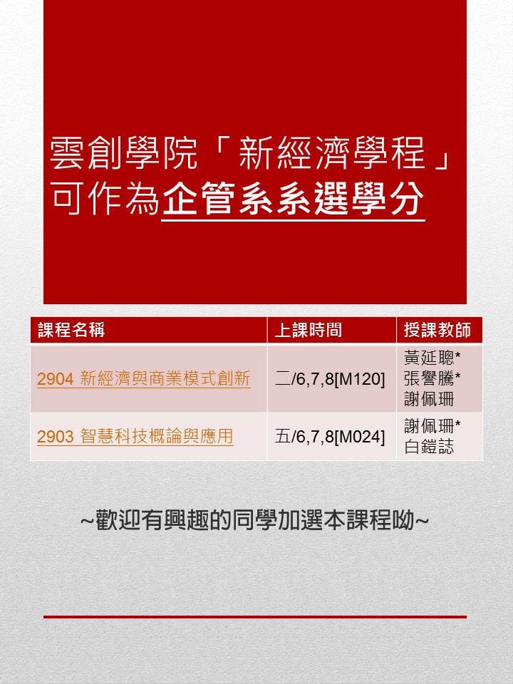 【課程公告】雲創學院「新經濟學程」可作為企管系系選學分